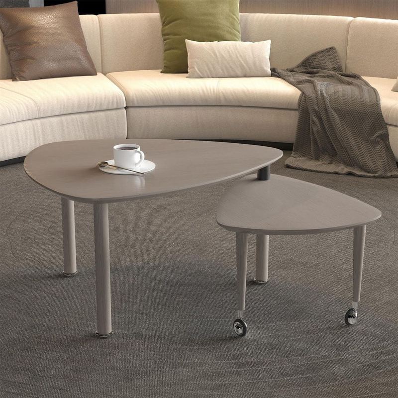 Seafuloy - 37.4in. Modern 360° Rotatable Nesting Specialty Teardrop Wood Coffee Table with Movable Small Table on Wheels,Gray Brown