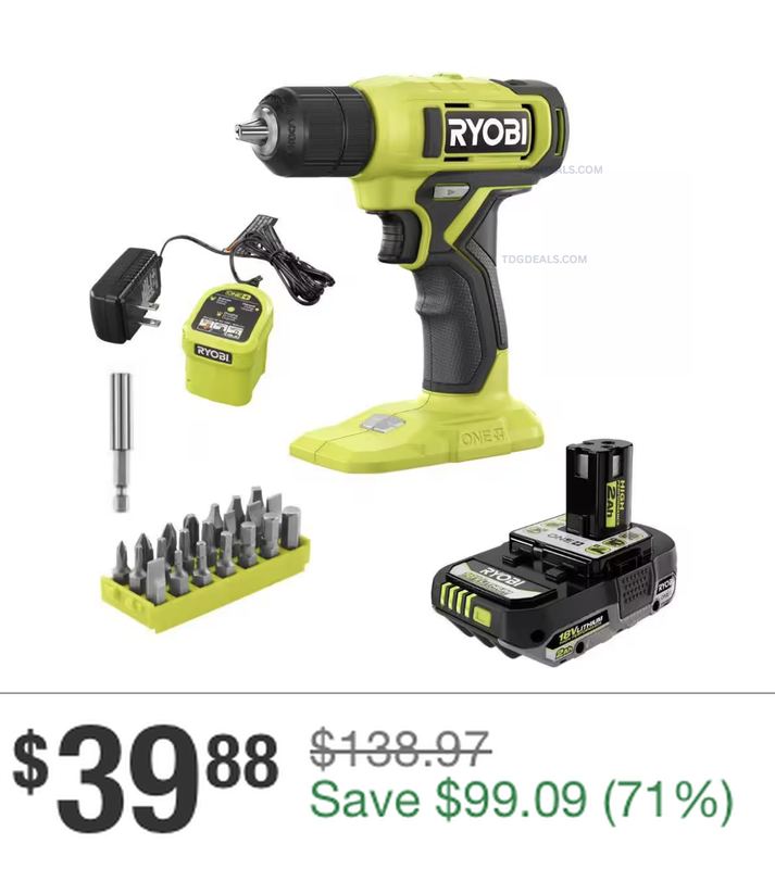 $39.88 RYOBI KIT DRILL/ DRIVER KIT, WAS $138.97