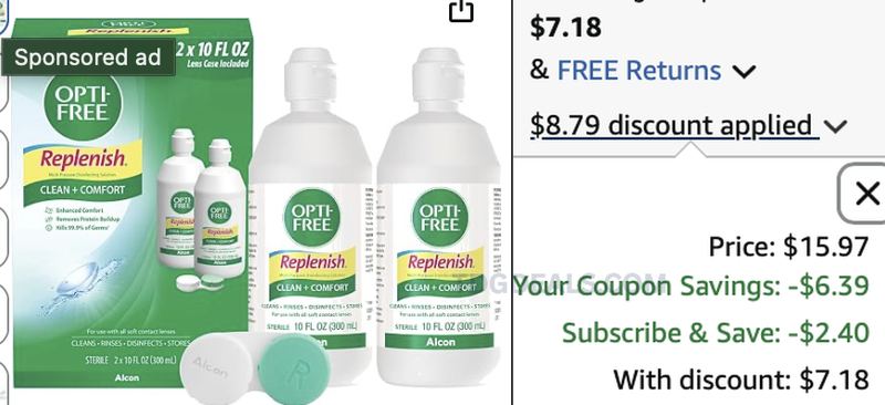 👀 OPTI-FREE REPLENISH SOLUTION 2-PACK NOW $8.78