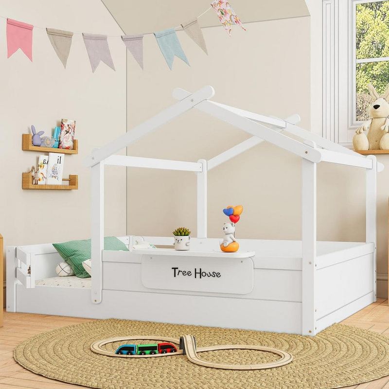 Polibi - Light White Full Size Kids Bed with Guardrails and Roof,a Small Built-in Tray and Free-installed Signboard