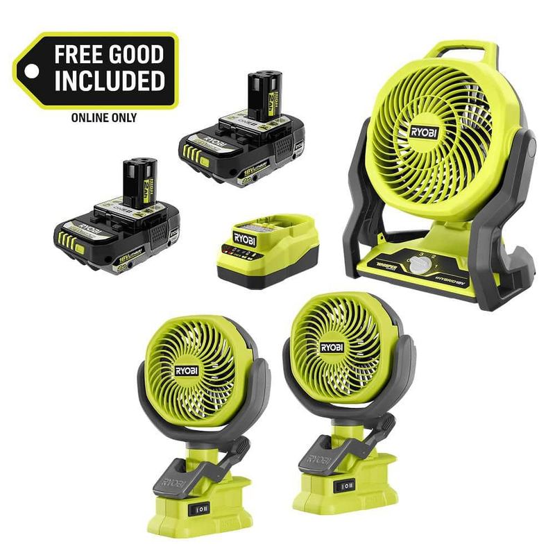 RYOBI - ONE+ 18V Cordless Hybrid 7.5 in. Fan Kit w/ (2) 2Ah Batteries, Charger, w/ FREE ONE+ Cordless 4 in. Clamp Fan (2-Pack)