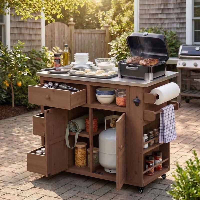Polibi - Brown Stainless Steel Top Kitchen Cart with Side Spice Rack, Drawers, Storage Cabinet
