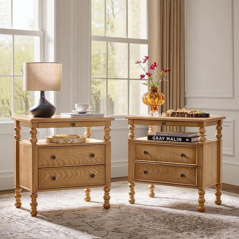JAYDEN CREATION - Ginny Oak Traditional 26"Tall 2-Drawer Nightstand with Charging Station Set of 2