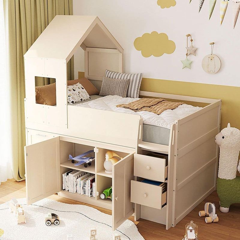 Polibi - Beige Twin Wood Loft Bed with Desk