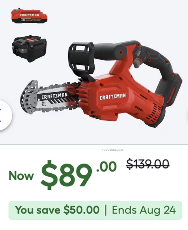 $139 CRAFTSMAN V20 6IN CORDLESS CHAINSAW NOW $89