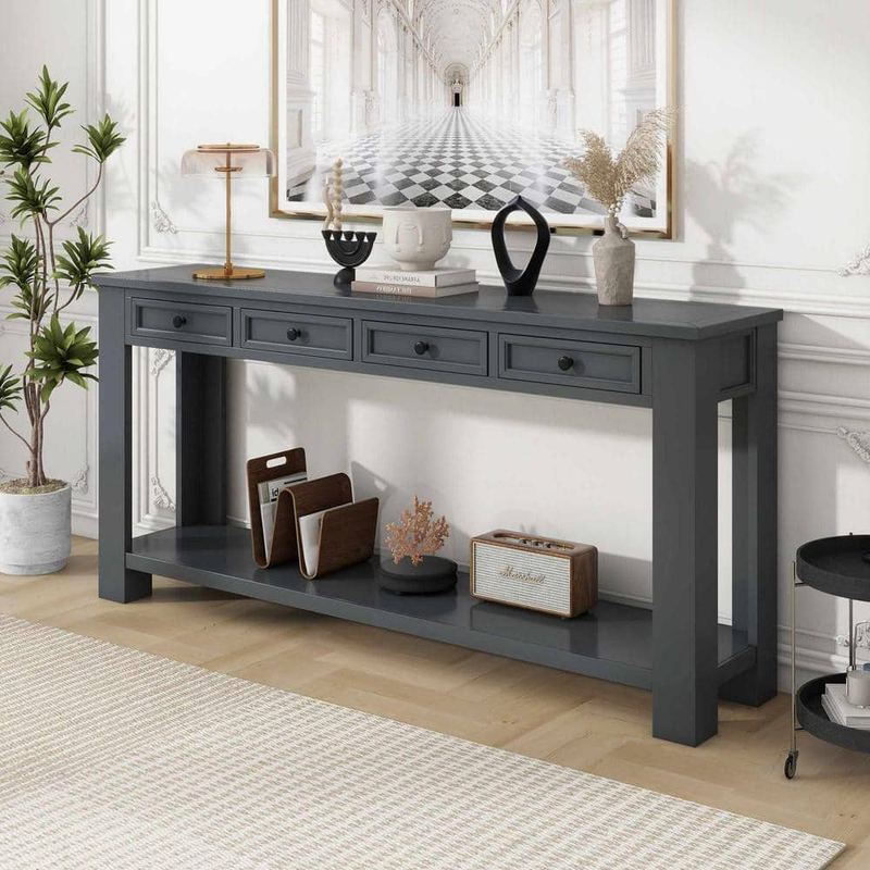 Polibi - 63 in. Tan Rectangle Wood Console Table with Storage Drawers and Bottom Shelf for Entryway HallwayTan