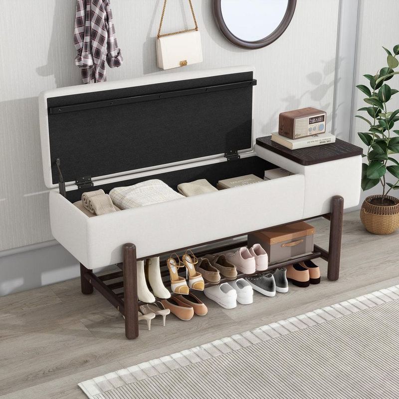 Harper & Bright Designs - 47.2 in. Espresso Farmhouse Beige Upholstered Entryway Storage Bench with Lift Top Hidden Compartment, Slatted Shoe Rack