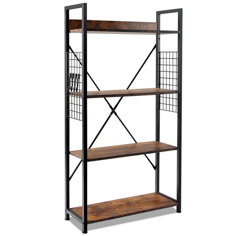 Costway - 43.5 in. 4 -Tier Industrial Bookshelf Open Storage Standard Bookcase Display Shelf for Home Office in Coffee