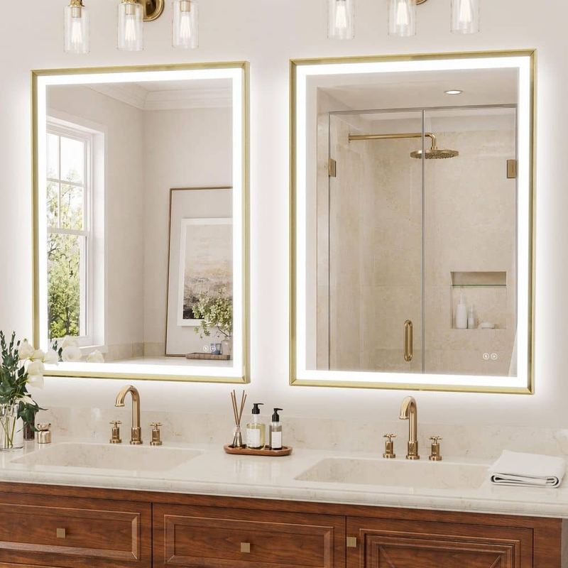 Bonosuki - 2-Pack 40 in. W x 30 in. H Aluminum Framed LED Bathroom Mirror with Fogless Dimmable Dual Lighting, Brushed Gold