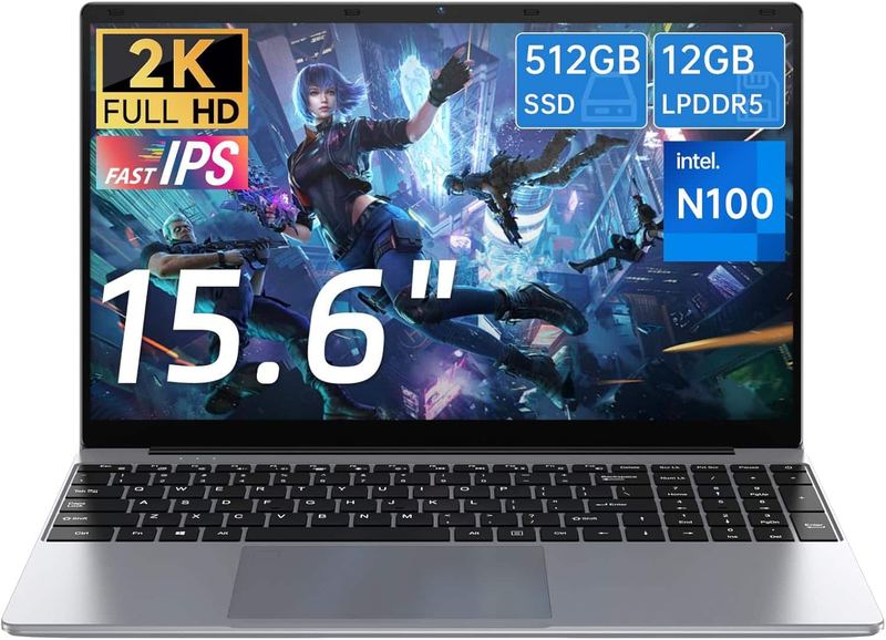 Gezoon - 15.6 inch Laptop, 12th Alder Lake N100(Turbo 3.4GHz) Processor,12GB RAM, 512GB SSD, 2K FHD IPS Laptops, Thin Notebook - Gray