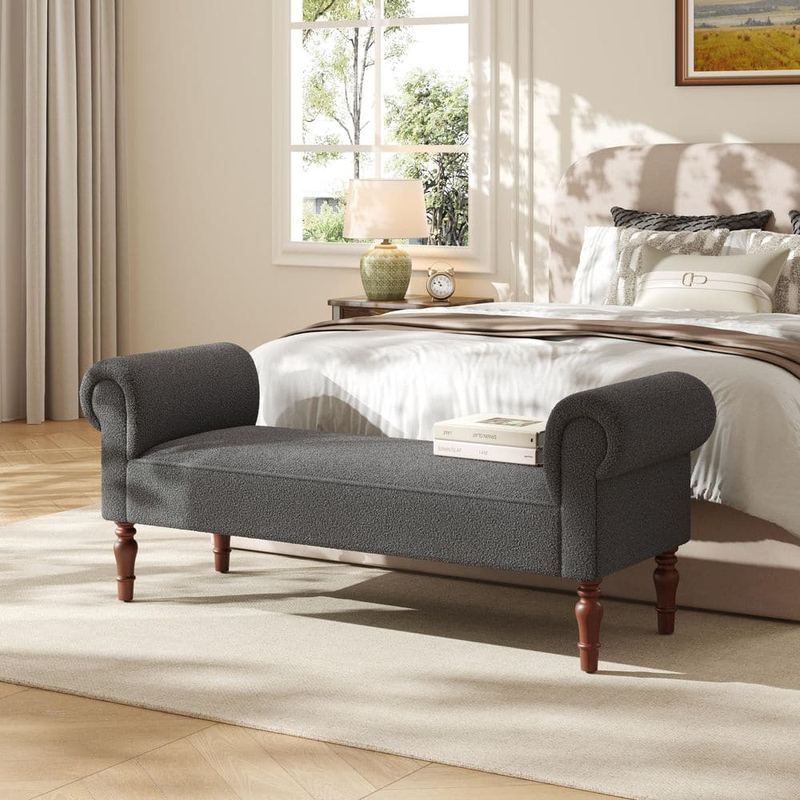CHRISTOPHER KNIGHT HOME - Gravine French 59 in. Grey Teddy Fabric Upholstered Ottoman Entryway Bedroom Bench with Rolled Arms