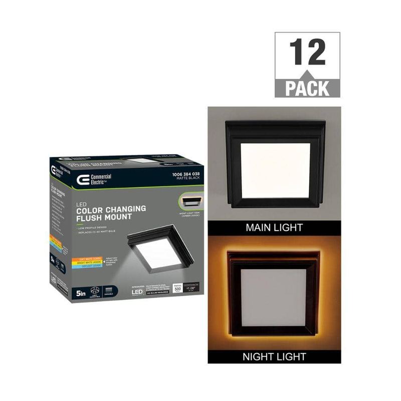 Commercial Electric - 5 in. Matte Black Square Thin Profile LED Flush Mount with Night Light 500LM Adjustable CCT J-box Compatible (12-Pack)
