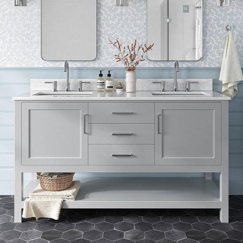 ARIEL - Bayhill 61 in. W x 22 in. D x 35.25 in. H Double Freestanding Bath Vanity in Grey with Carrara White Marble Top
