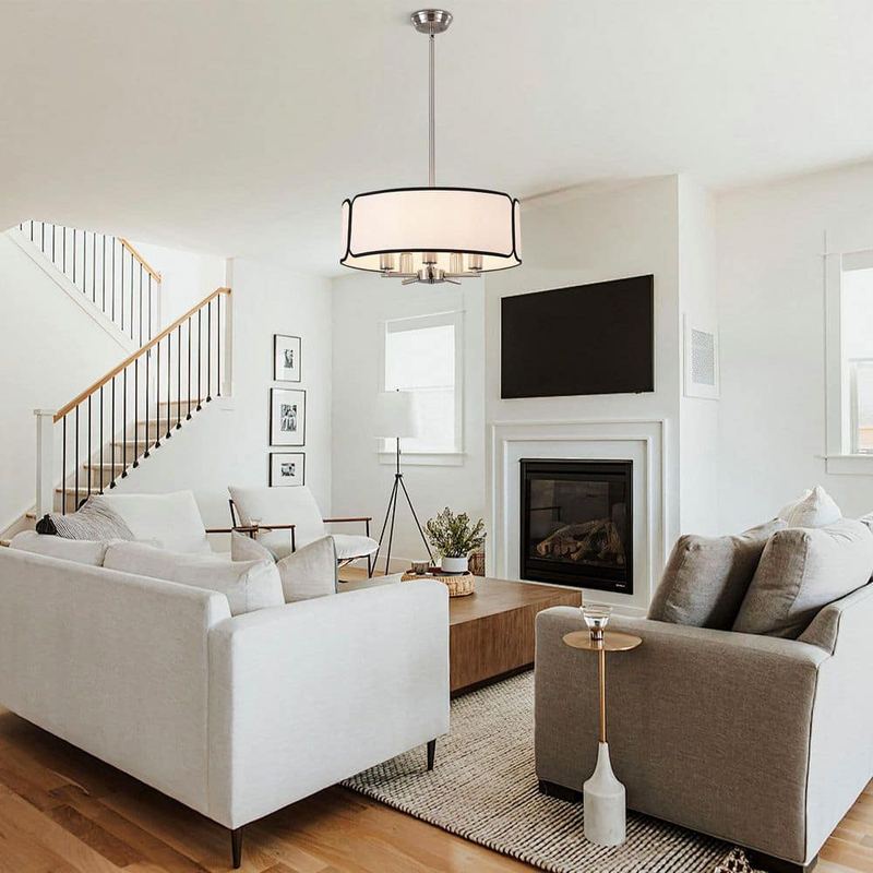 ADSENSTY - 5-Light Silver Drum Chandelier Modern Candle Pendant Light Fixtures with Beige Fabric Shade for Dining Room