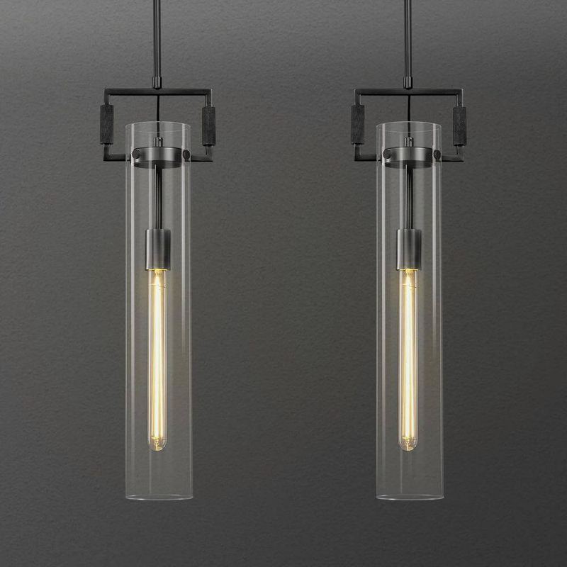 PUYRNF - 21.6 in. Modern 1-Light Black Kitchen Island Pendant Light, Glass Pendant Light for Living Room, Dining Room (2-Pack)
