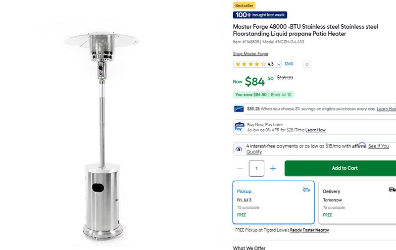 Master Forge 48000 -BTU Stainless steel Stainless steel Floorstanding Liquid propane Patio Heater