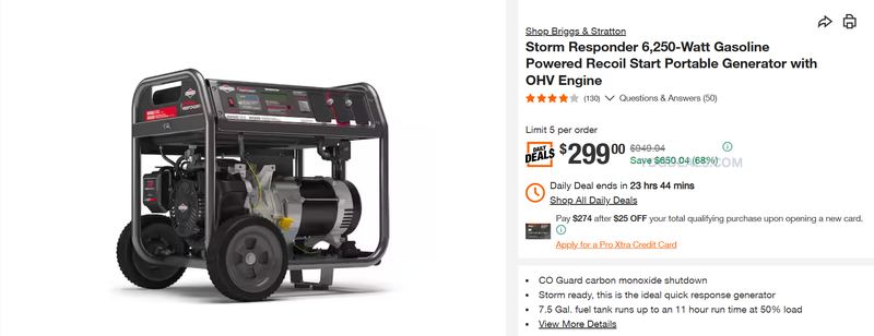 BRIGGS & STRATTON 6,250W GENERATOR — $299