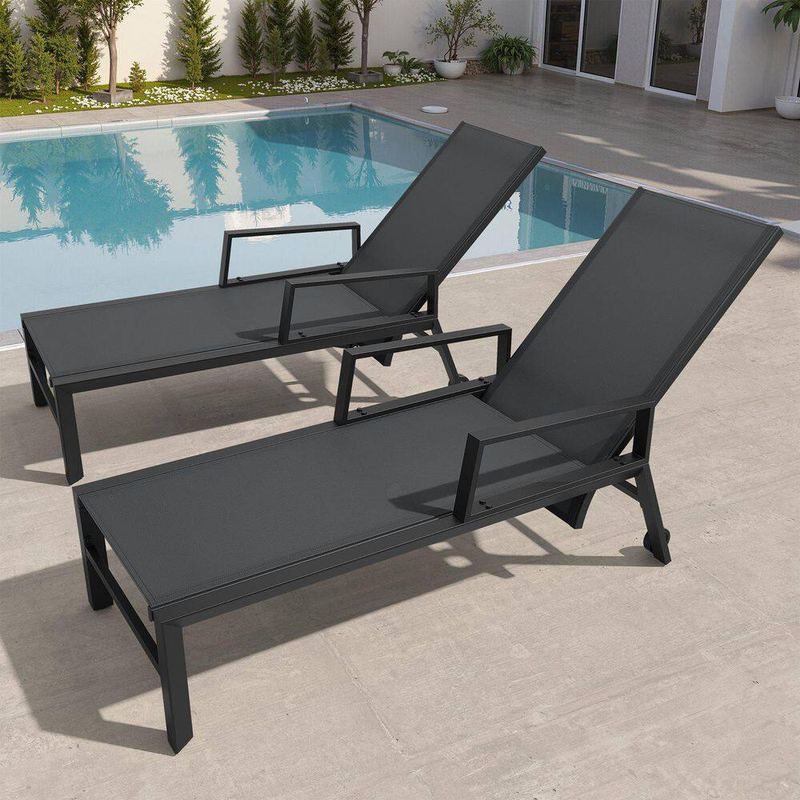 Crestlive Products - 2-Piece Adjustable Aluminum Metal Armrest Outdoor Chaise Lounge in Black