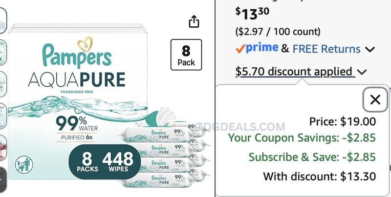 $19 PAMPERS AQUA PURE BABY WIPES 448-COUNT FOR $13.30
