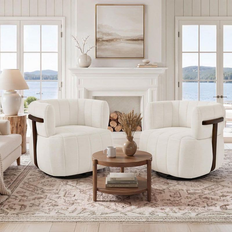 Corlekala - Annecy Chenille Upholstered 360° Swivel Base Barrel Chair Beige Solid Wood Accent Chair with Padded Backrest Set of 2
