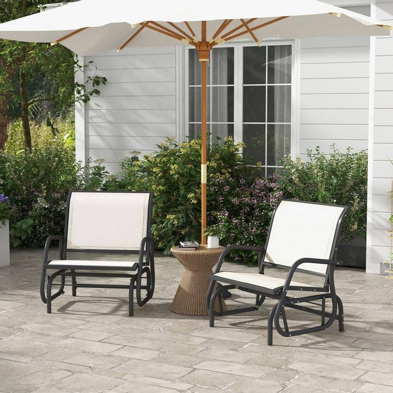 Otryad - White Metal Outdoor Bench, Porch Glider Set of 2, Swing Glider Chairs with Breathable Mesh Fabric and Curved Armrests