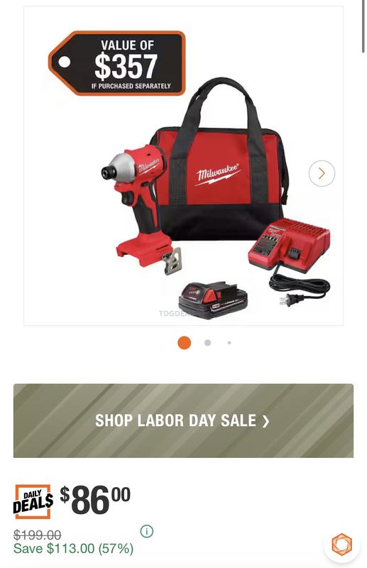 $199 MILWAUKEE M18 BRUSHLESS IMPACT DRIVER KIT for $86