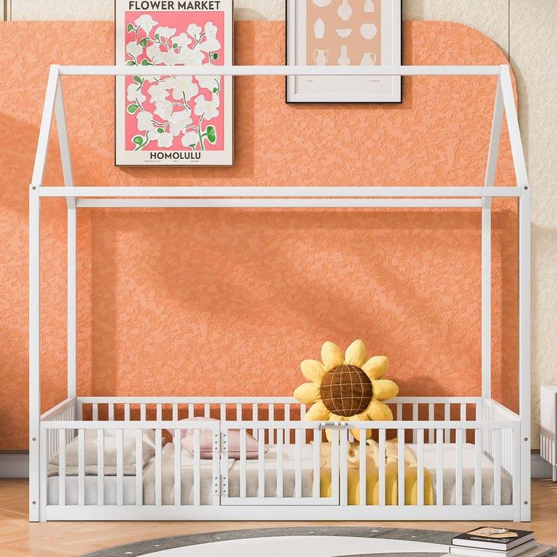 Qualler - White Metal Frame Twin Platform Bed with Fence and Door