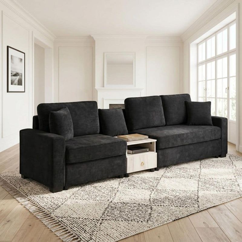 CHRISTOPHER KNIGHT HOME - Cevano Modern 111.8 in. Chenille Upholstered 3-Seater Sectional Sofa in Black with Storage Armrest and Center Console