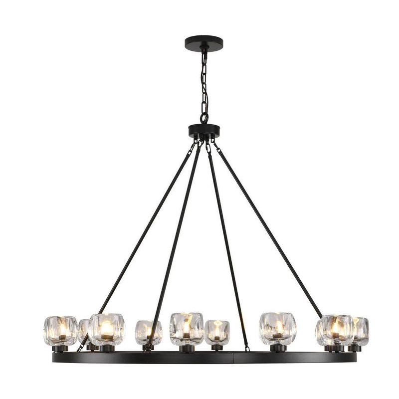 PUYRNF - 12 Lights 48 in. Dimmable LED Wagon Wheel Black Chandelier with Glass for Dinning Room Kitchen Island Foyer Bedroom