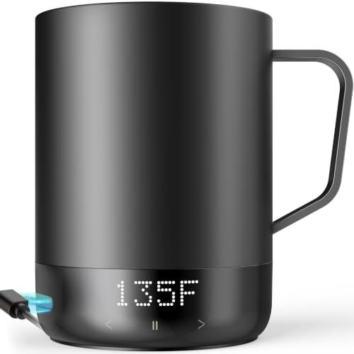 14oz Smart Heated Mug, Rechargeable Self-Heating Coffee Mug with 10 Temp Settings, Keeps Coffee Hot for Hours, No App Required, LED Display & Memory Function for Home Office, Coffee Tea Lover (Black)