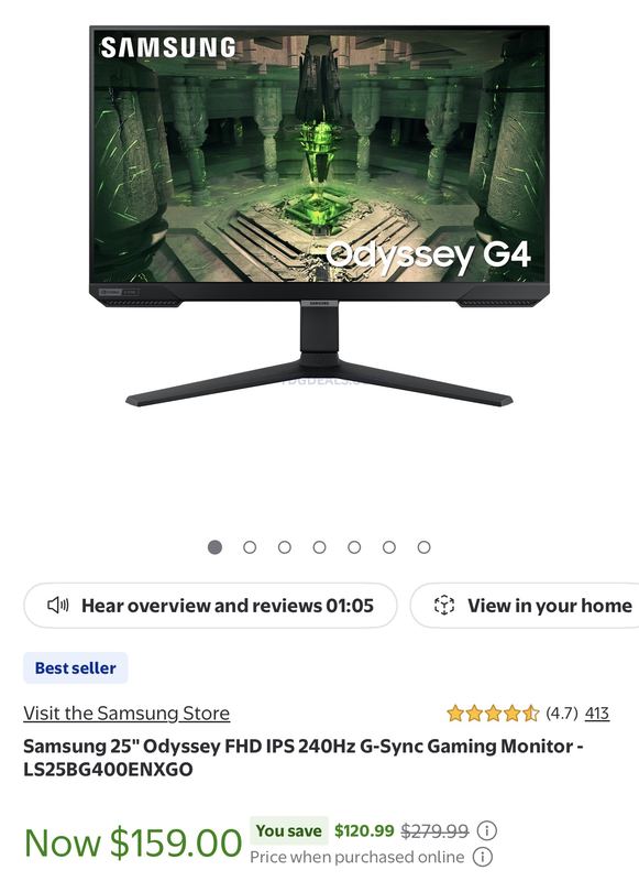 Walmart just dropped Samsung's 25" Odyssey G4 Gaming Monitor to $159.