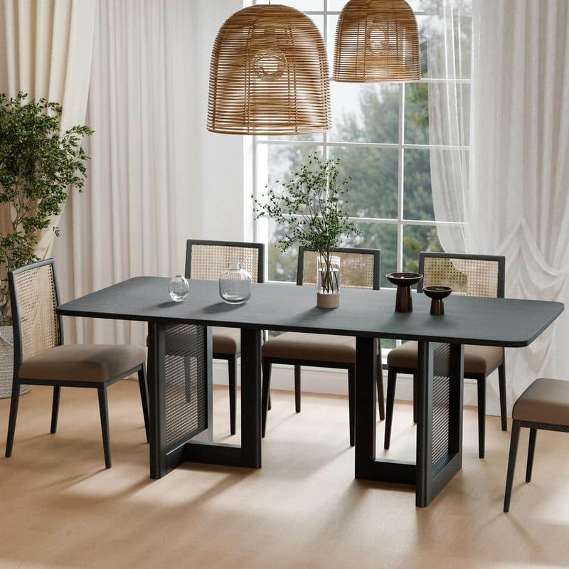 Lirago - Rectangle Black Wood 79 in. Double Pedestal Dining Table Seats 8
