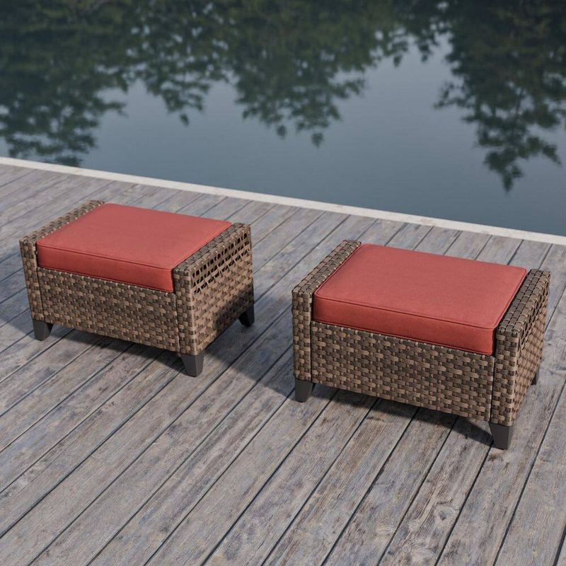 EAGLE PEAK - Wicker Outdoor Patio Ottoman with Red Cushions (2-Pack)