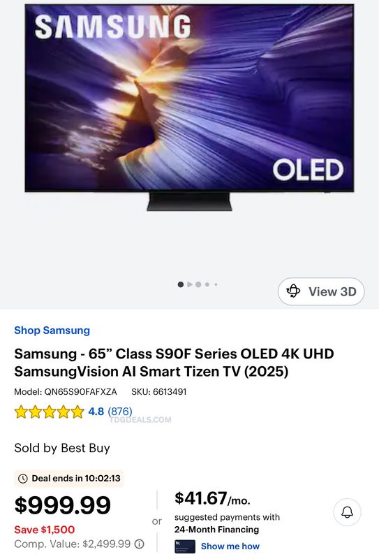 SAMSUNG 65" S90F OLED 4K TV $999.99