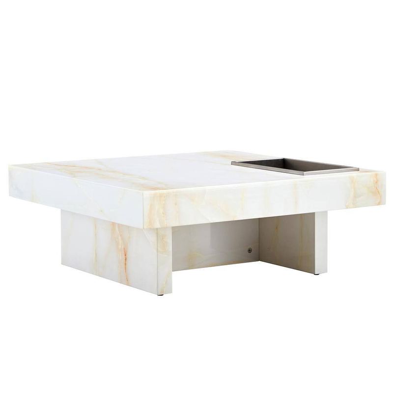 Polibi - 31.4 in. White Square Faux Marble Coffee Table with Marble Pattern