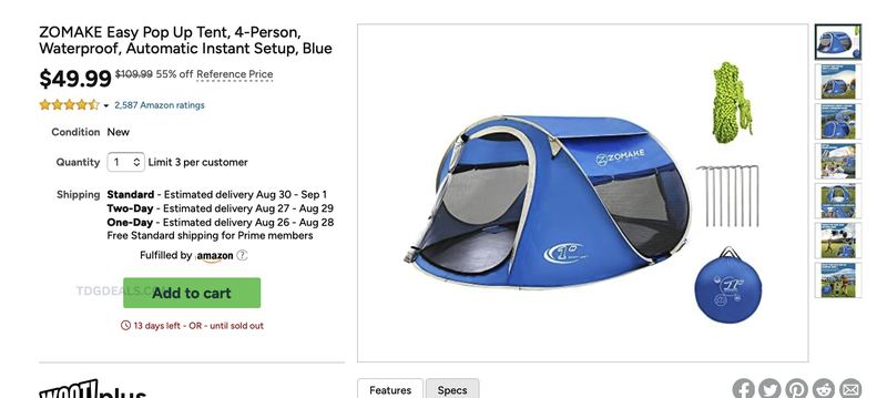 $49.99 ZOMAKE 4-PERSON POP UP TENT