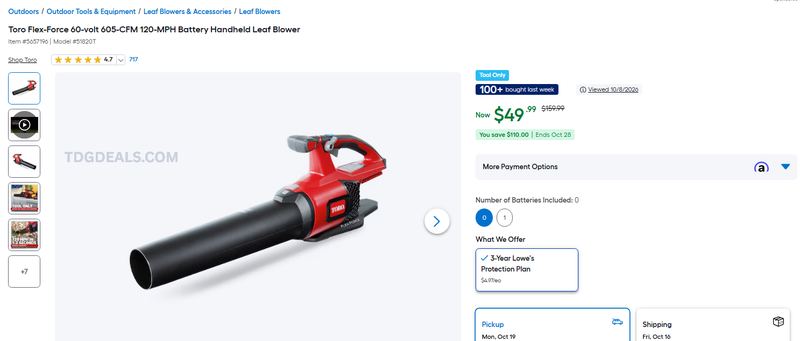 $159.99 Toro 60V 605-CFM Leaf Blower for $49.99
