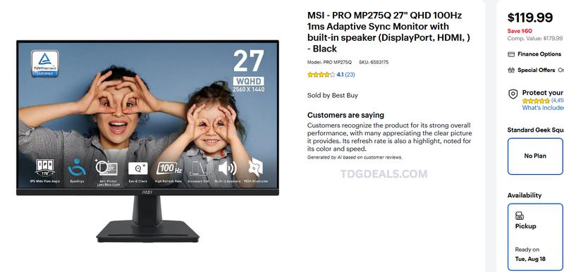 MSI PRO MP275Q 27" QHD MONITOR — $119.99