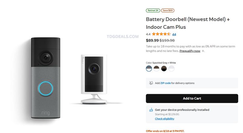 RING BATTERY DOORBELL + INDOOR CAM PLUS — $89.99