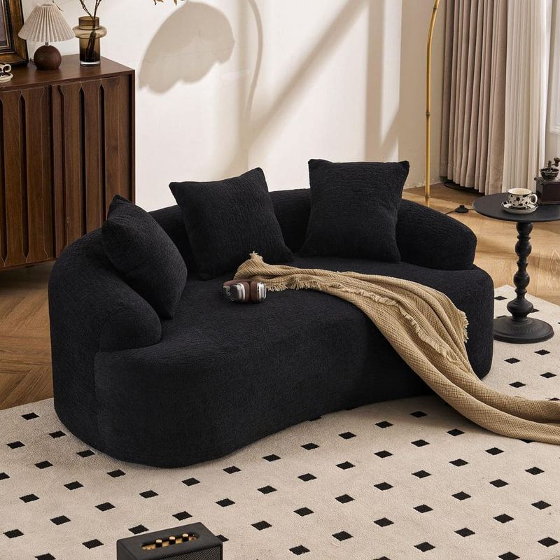 Qualler - 65 in. Flared Arms Chenille Curved Full Compression Sponge Loveseat Sofa in. Black