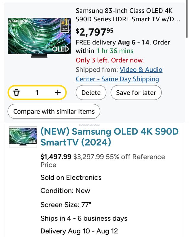 77" SAMSUNG S90D OLED TV — $1,497.99