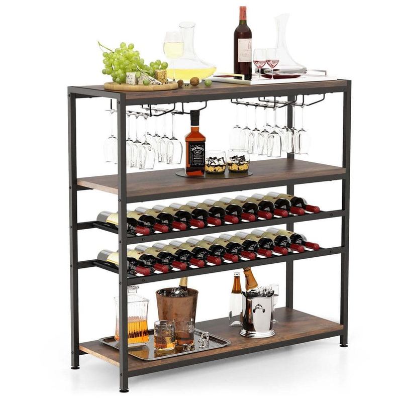 Costway - Rustic 5-tier Wine Rack Table 22 Bottle Wine Cabinet Freestanding with Glass Holder
