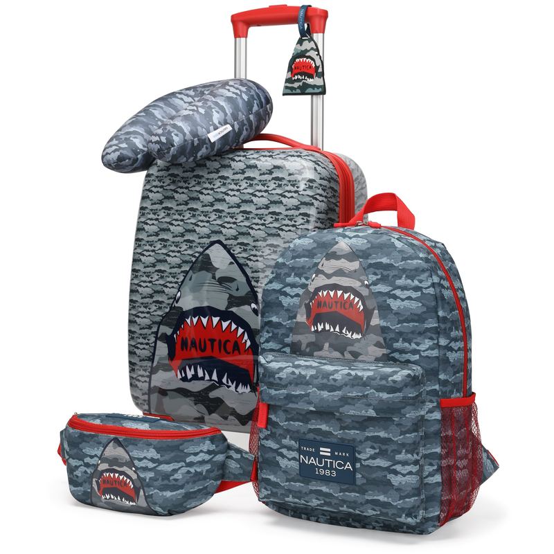 Nautica - Kids 18" Airline Approved Carry-on 5-Piece Luggage Set - Shark Attack