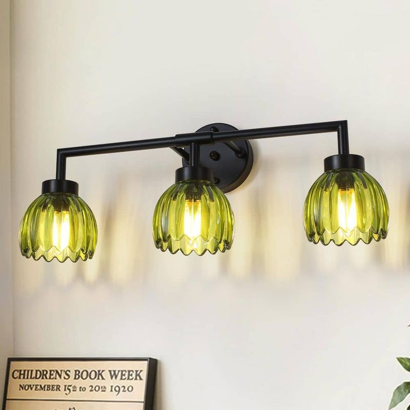 HLJYNJM - 24.02 in. 3-Light Black Vintage Vanity Lights with Green Tulip Glass Shade Wall Sconce for Living Room Hallway