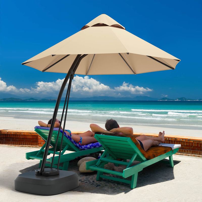 Gymax - 11ft Patio Cantilever Hand Push Offset Hanging Umbrella w/ Wheels Base - Beige