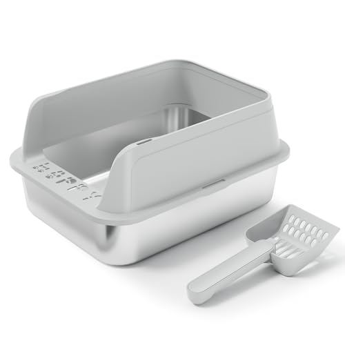 Premium Stainless Steel Cat Litter Box with Scoop – Large High-Sided Open Top Litter Pan, Rust-Resistant & Metal Kitty Litter Tray, Non-Stick Easy Clean Surface with Non-Slip Pads