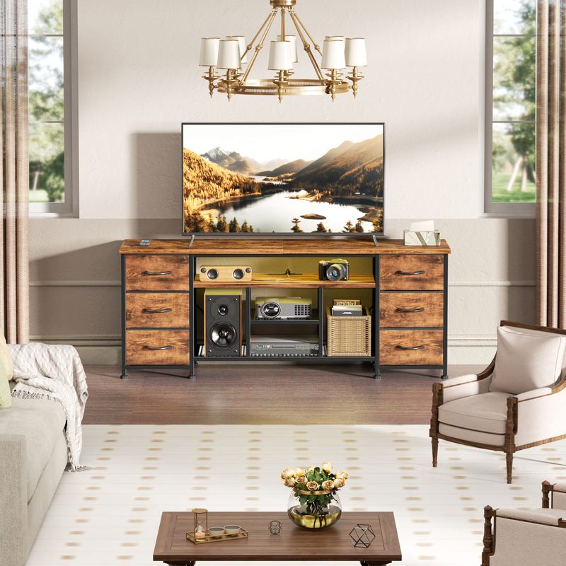 Furnulem - 55 In Modern LED TV Stand with Power Outlets 6 Drawer Entertainment Center Media Console with Storage for Living Room - Brown