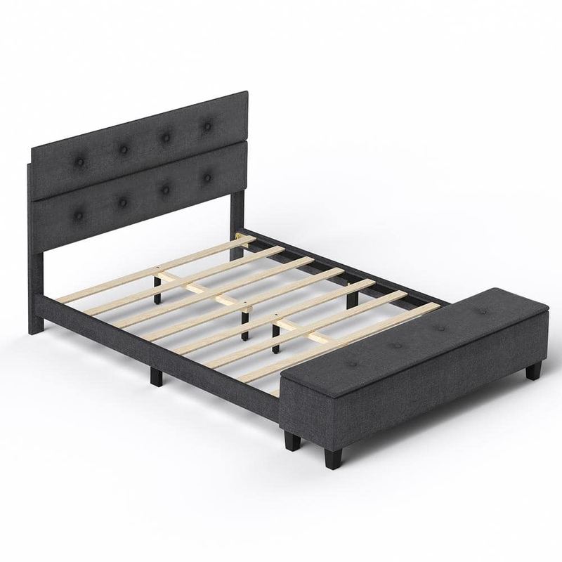 Costway - Gray Wooden Frame Full Upholstered Platform Bed Frame with Ottoman Storage Linen Button Tufted Headboard