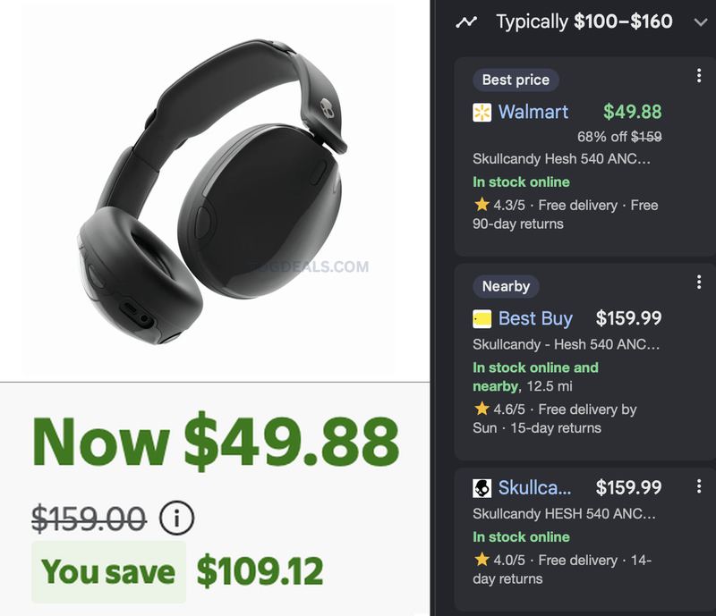 $159 SKULLCANDY HESH 540 ANC HEADPHONES FOR $49.88
