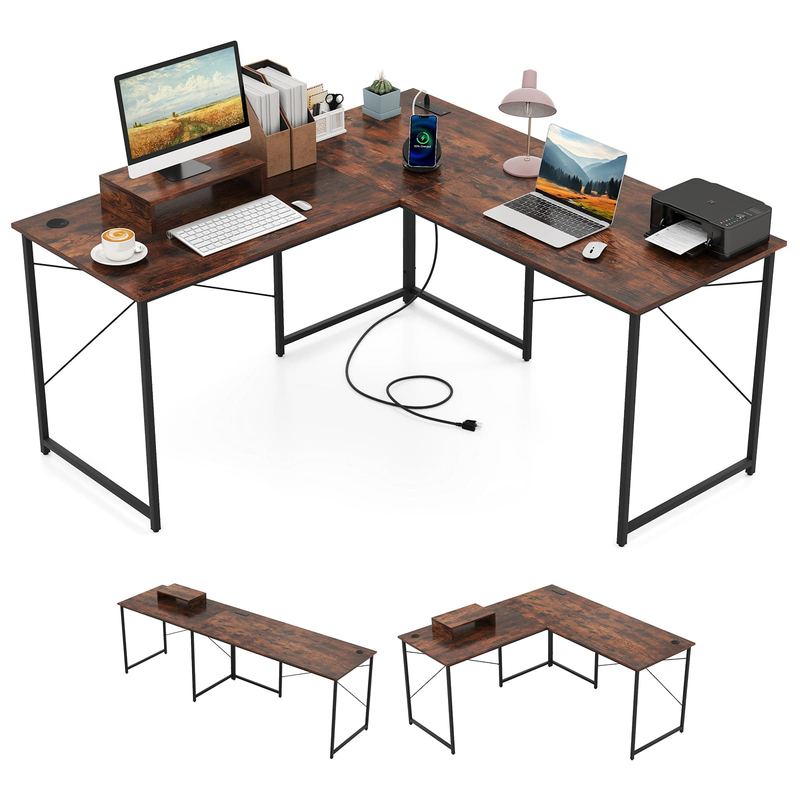 Gymax - L-Shaped Reversible Computer Desk 2-Person Long Table w/Monitor Stand - Rustic Brown